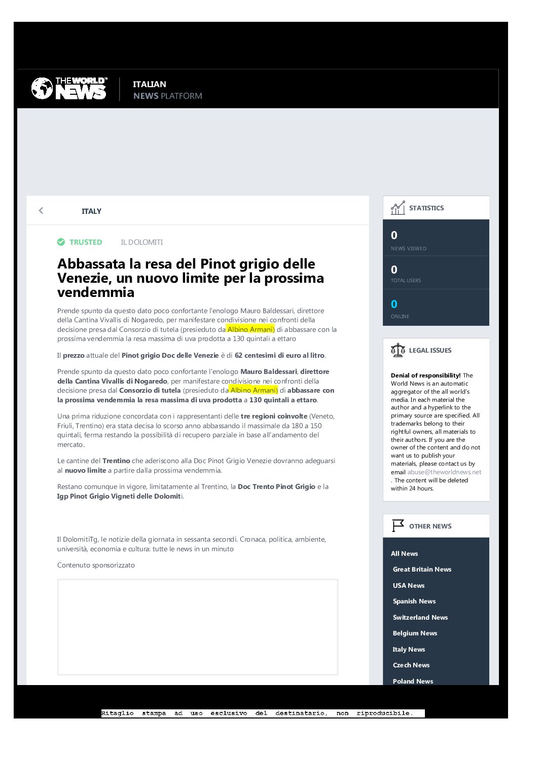 8 luglio 2020 – TVnews.it, Abbassata la resa del Pinot grigio delle Venezie, un nuovo limite per la prossima vendemmia
