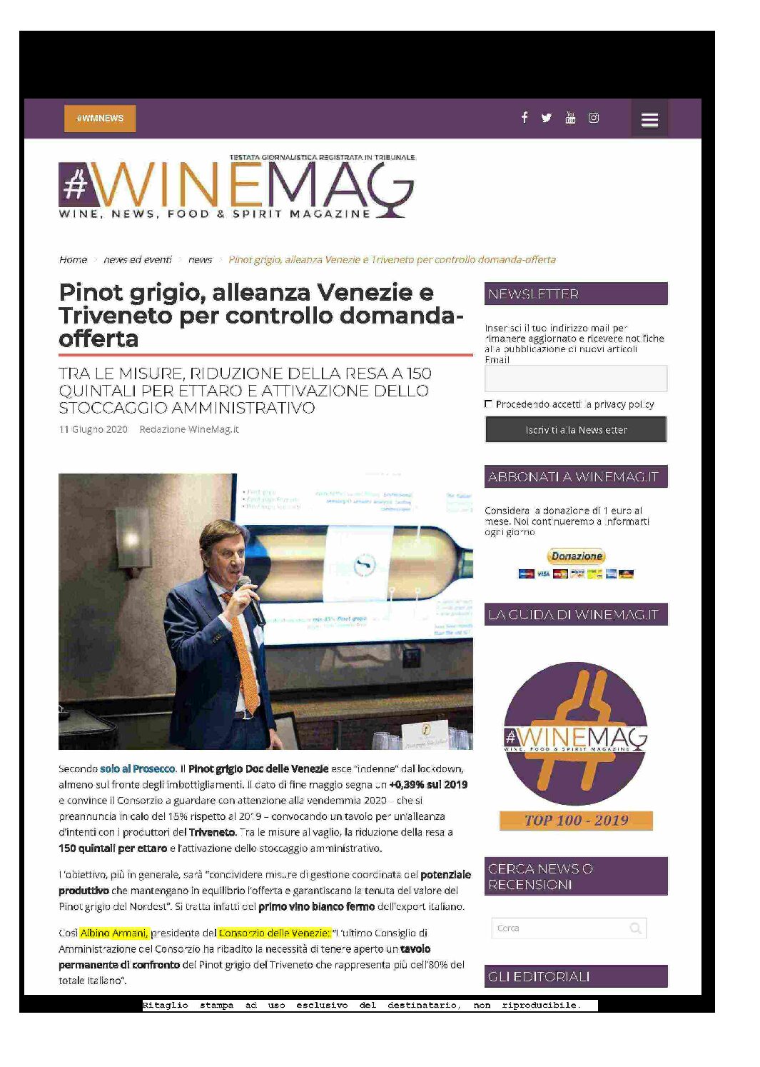 16 LUGLIO 2020 – LA NUOVA VENEZIA, PINOT GRIGIO MERCATO STABILE NONOSTANTE IL LOCKDOWN