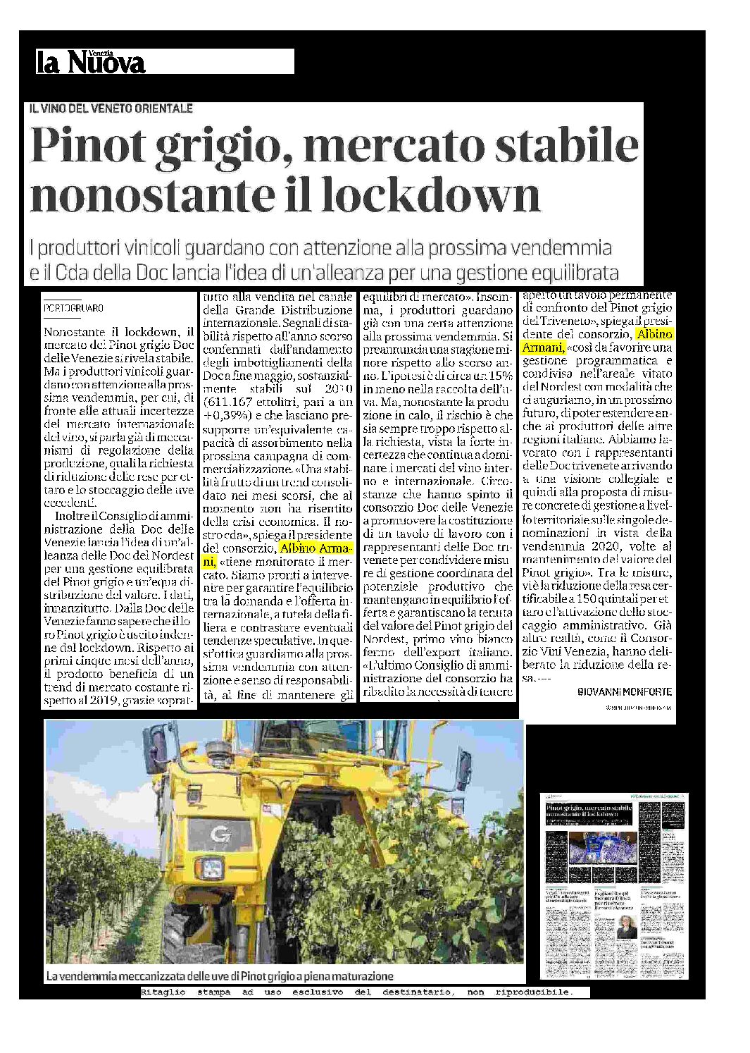 16 LUGLIO 2020 – LA NUOVA VENEZIA, PINOT GRIGIO MERCATO STABILE NONOSTANTE IL LOCKDOWN