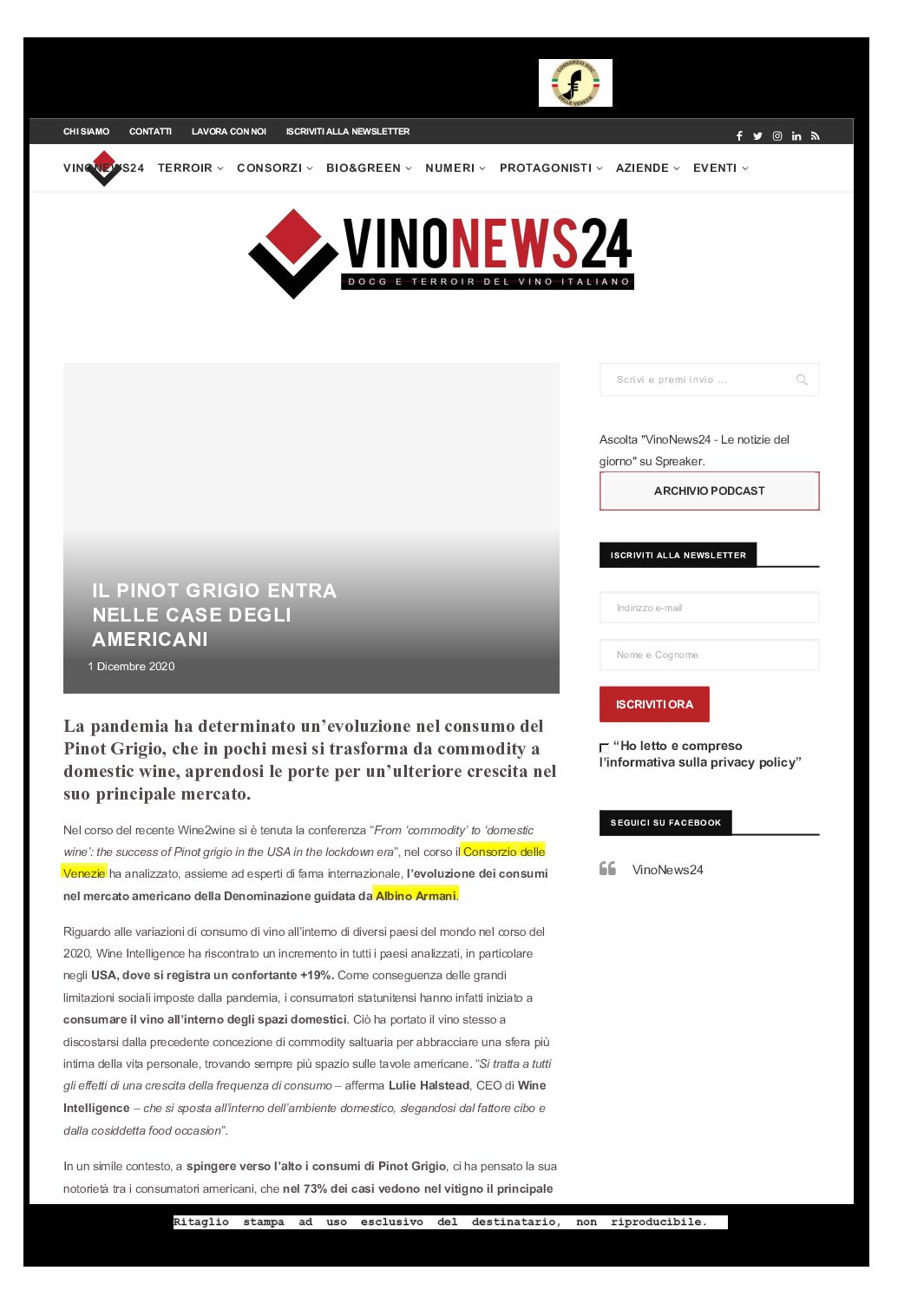 1 dicembre 2020 – Vinonews24, il Pinot grigio entra nelle case degli americani