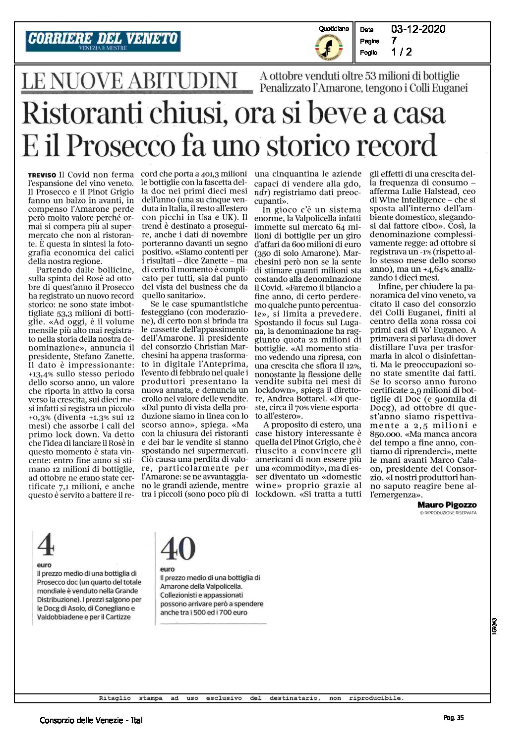 3 dicembre 2020 – Corriere del Veneto Venezia e Mestre, ristoranti chiusi, ora si beve a casa