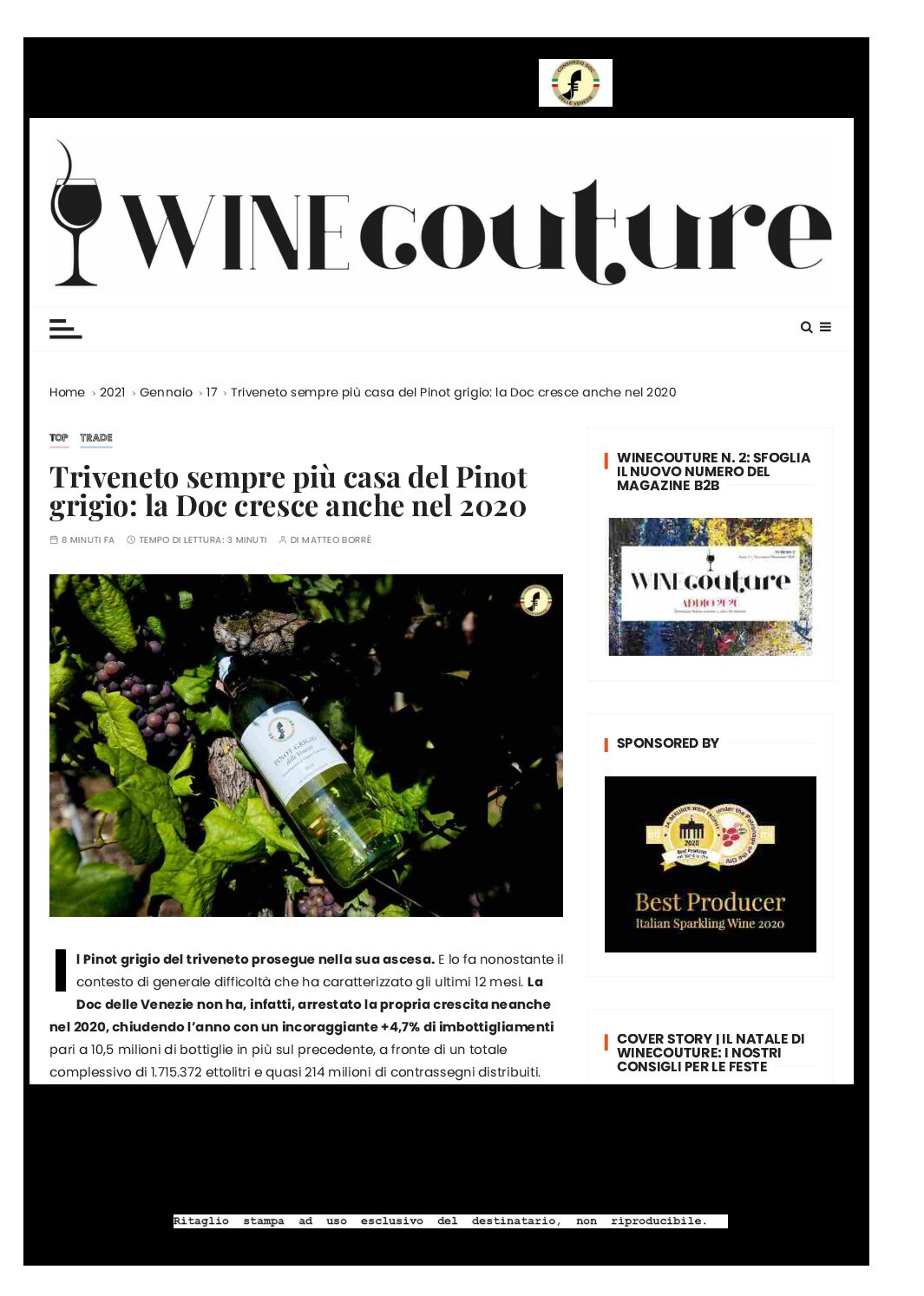 17 gennaio 2021 – winecouture, Triveneto sempre più casa del Pinot grigio: la Doc cresce anche nel 2020