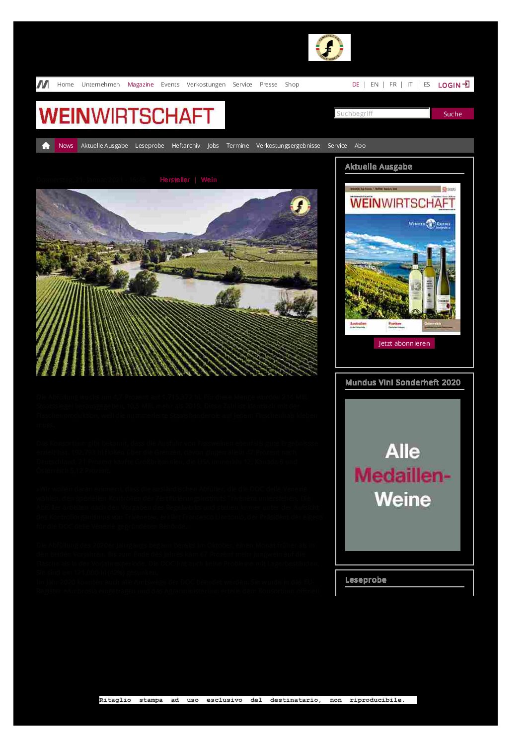 22 gennaio 2021 – Weinwirtschaft, Gute Zahlen für den Pinot Grigio