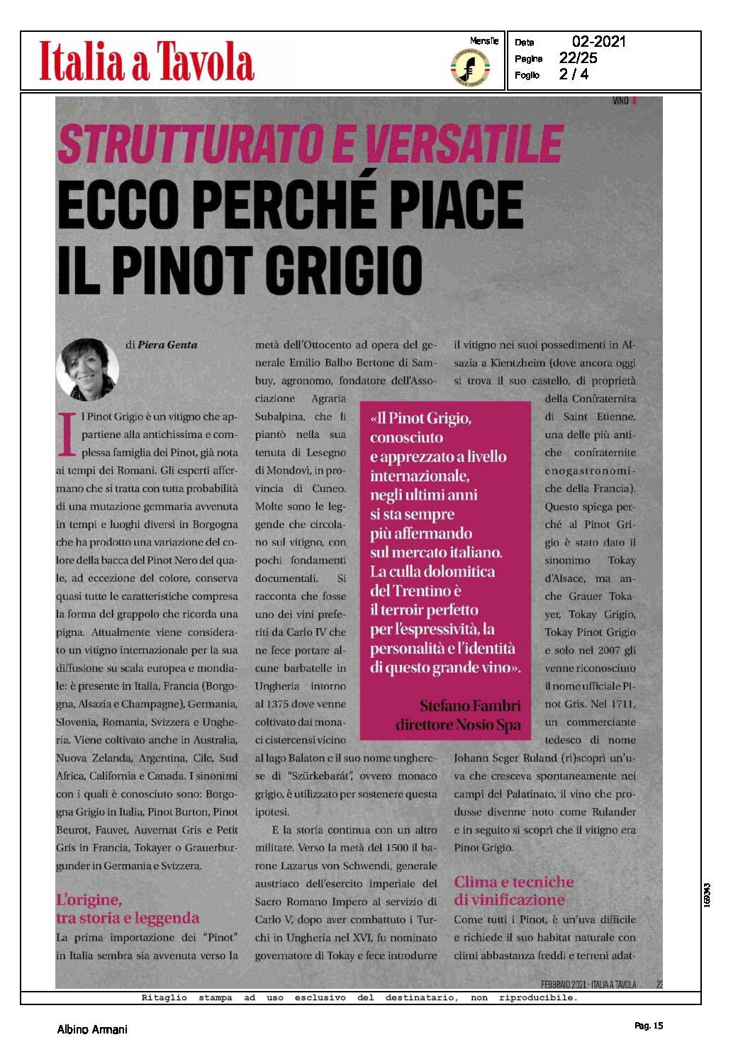 2 febbraio 2021 – Italia a Tavola, Strutturato e Versatile, ecco perchè piace il Pinot grigio