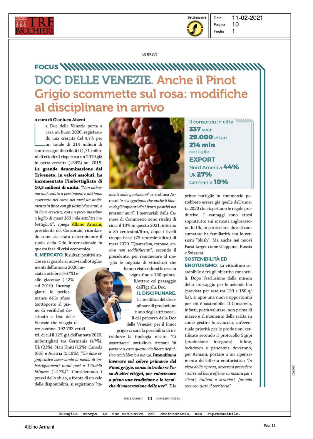 11 febbraio 2021 – Tre Bicchieri, DOC delle Venezie Anche il Pinot grigio scommete sul rosa: modifiche al disciplinare in arrivo