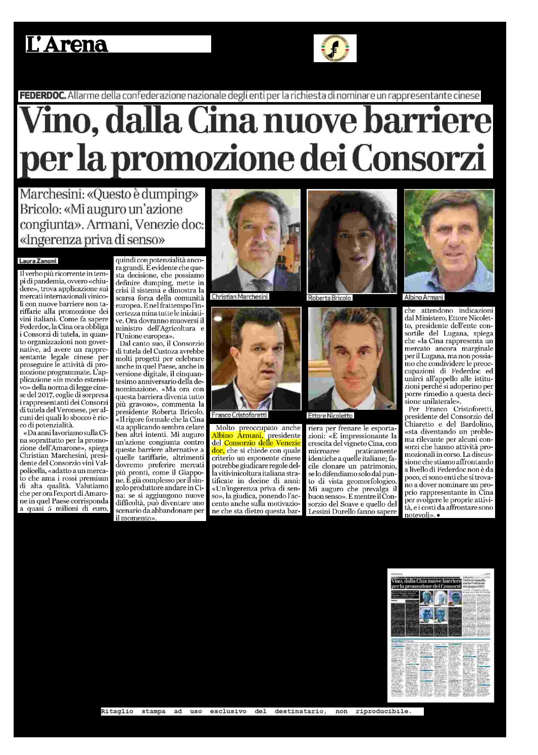 16 marzo 2021 – l’Arena,  FEDERDOC.Allarme della confederazione nazionale degli enti perla richiesta dì nominare un rappresentante cinese