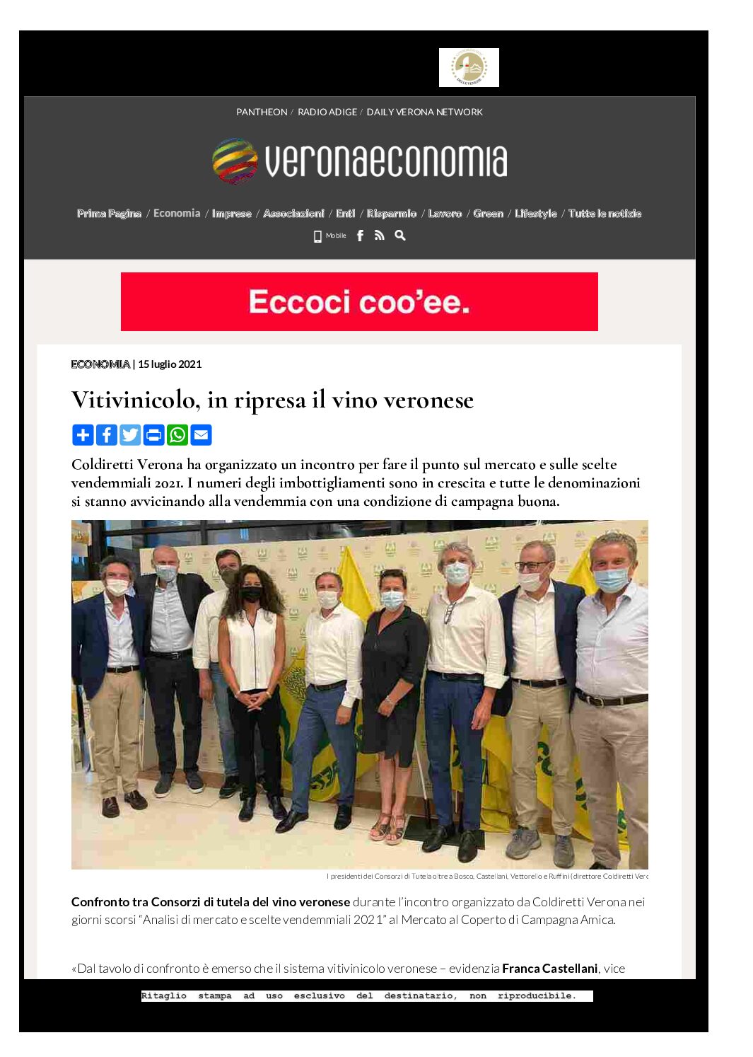 15 luglio 2021 – Veronaeconomia, Vitivinicolo, in ripresa il vino veronese