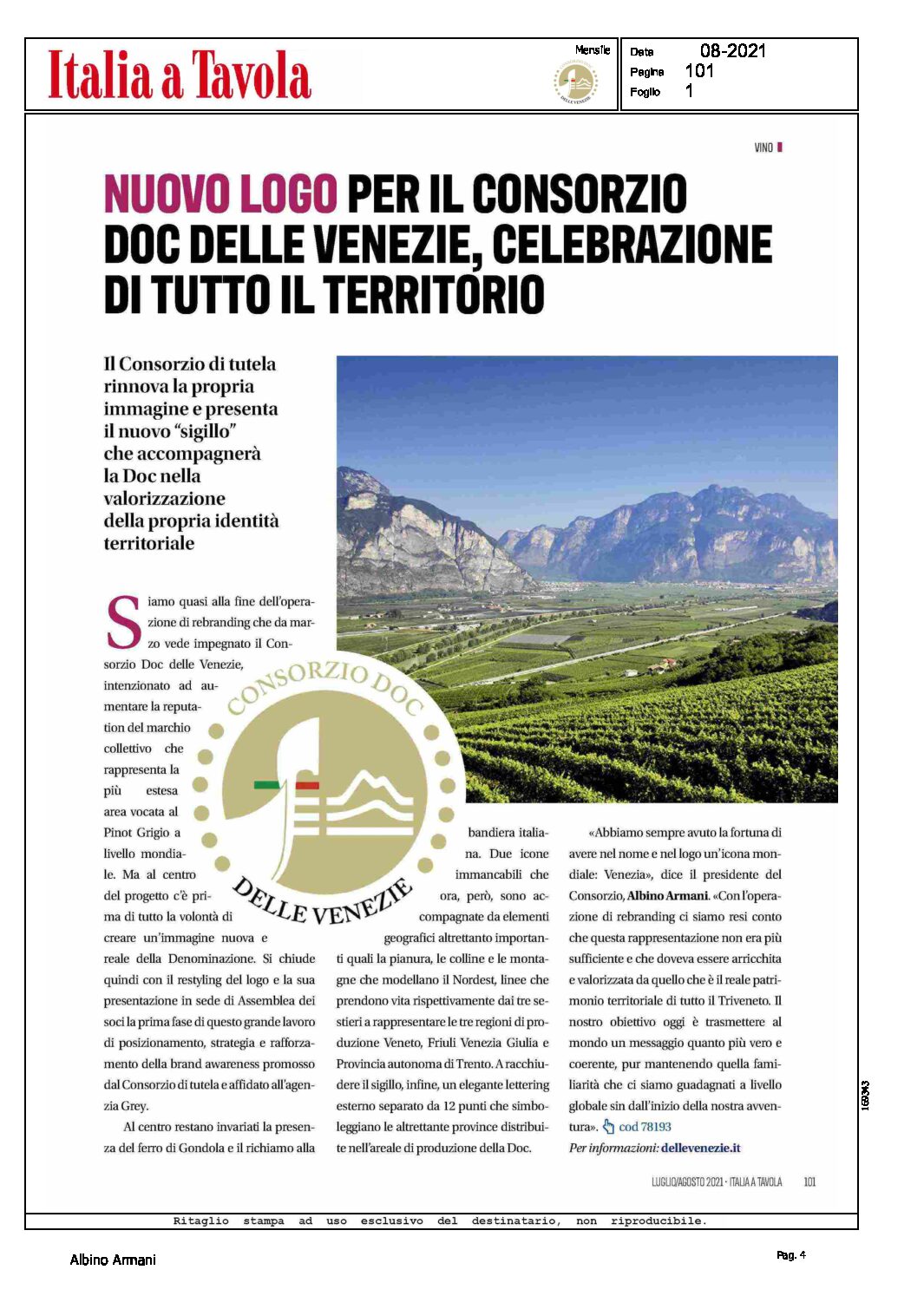 1 agosto 2021 – Italia a Tavola, nuovo logo per il Consorzio DOC delle Venedzie, celebrazione di tutto il territorio