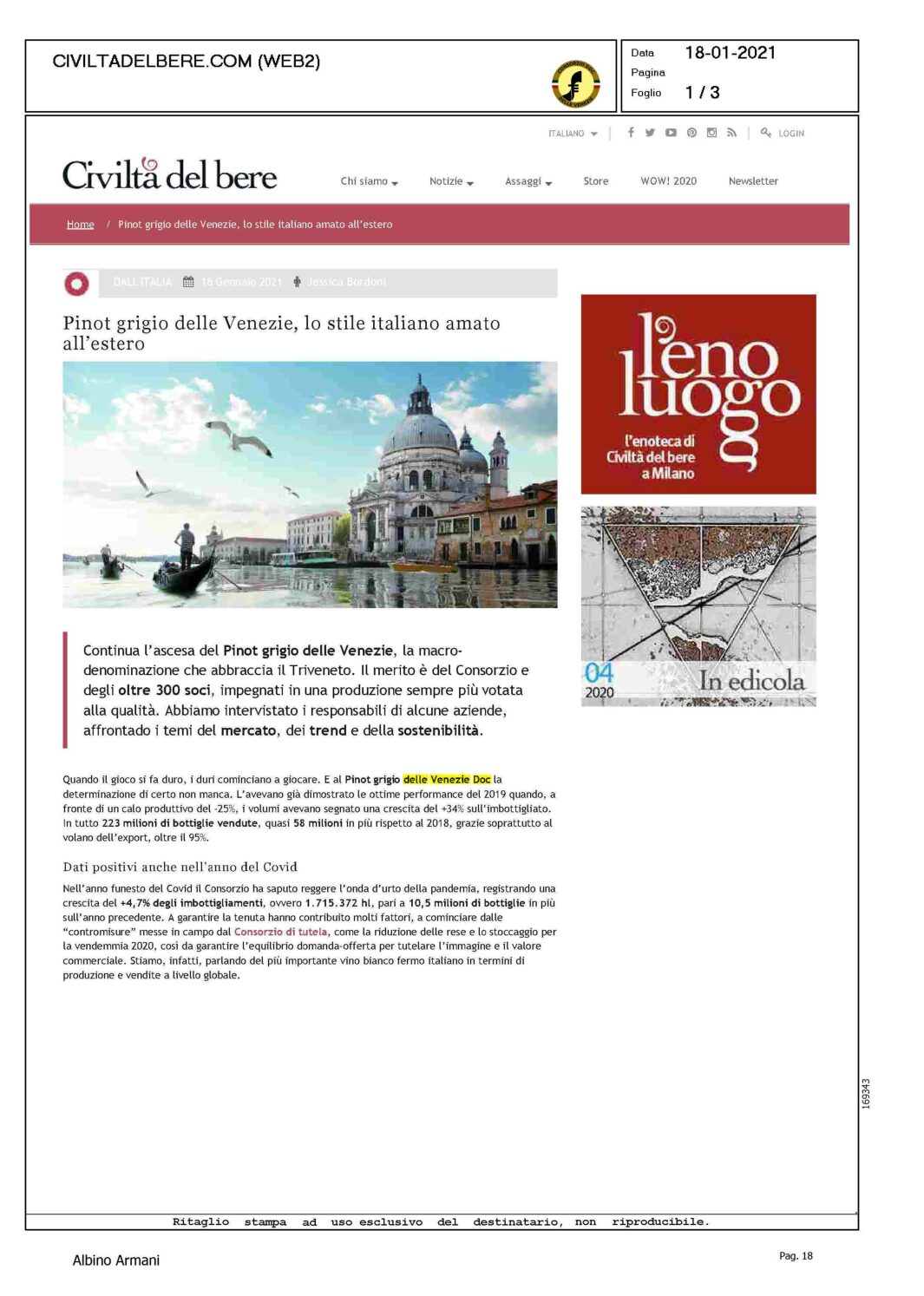 18 gennaio 2021 – civiltà del bere, Pinot grigo delle Venezie, lo stile italiano amato all’estero