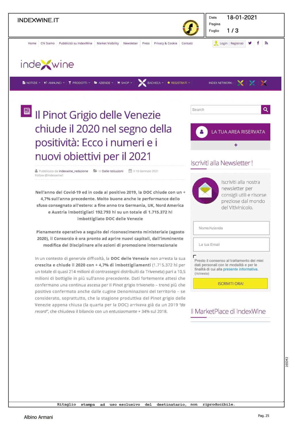 18 gennaio 2021 – indexwine, il Pinot grigio delel VEnezdiechiude il 2020 nel segno della positività