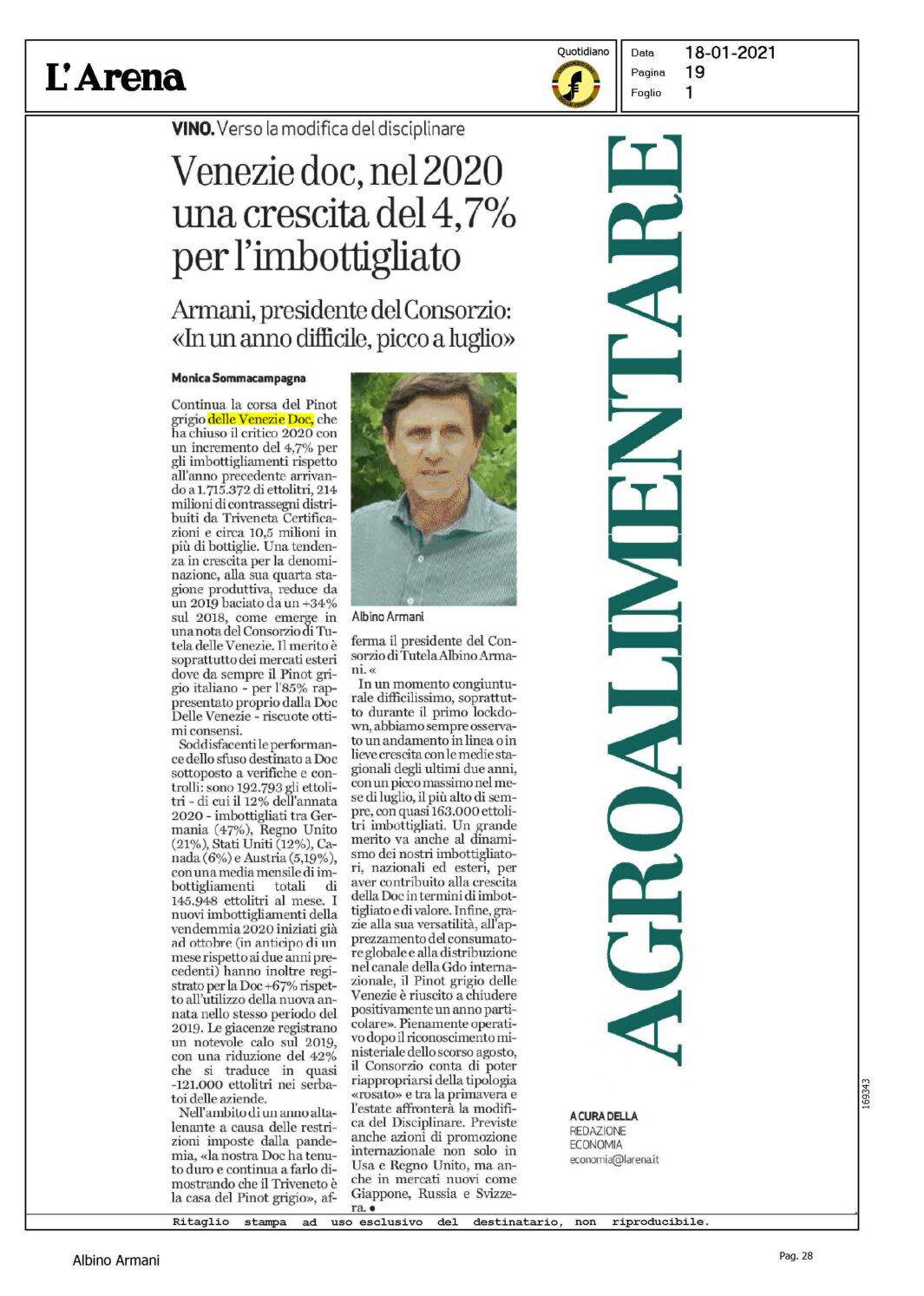 18 gennaio 2021 – l’arena, venezie doc, nel 2020 una crescita del 4,7% per l’imbottigliato