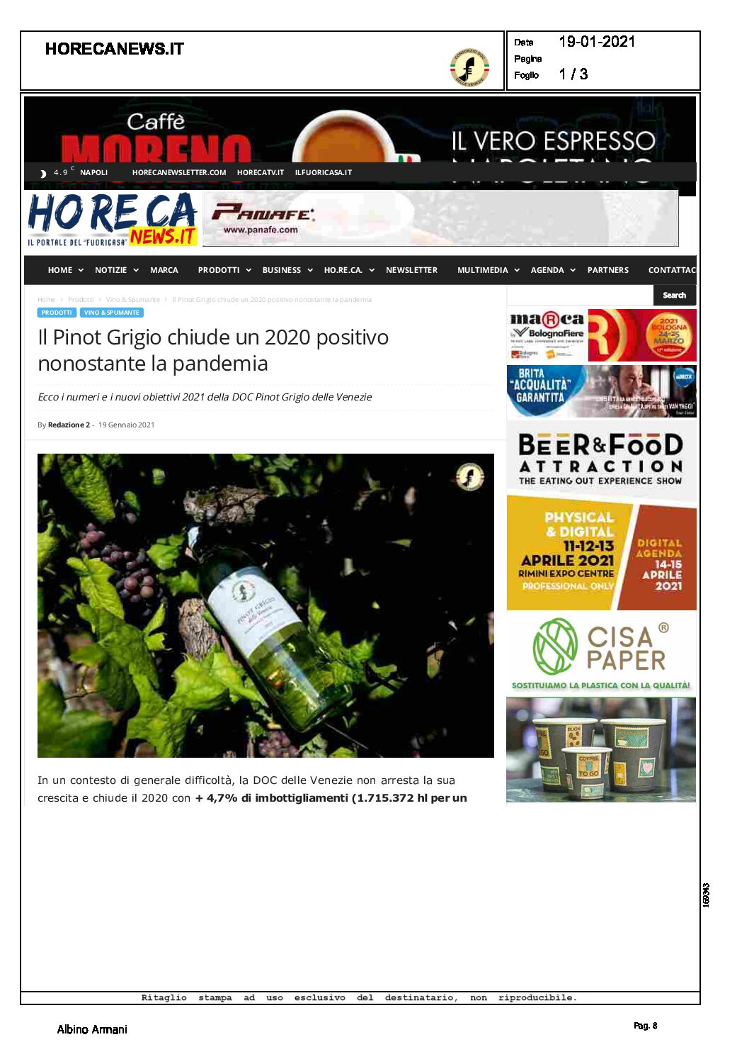 19 gennaio 2021 – Horecanews, Il Pinot Grigio chiude un 2020 positivo nonostante la pandemia